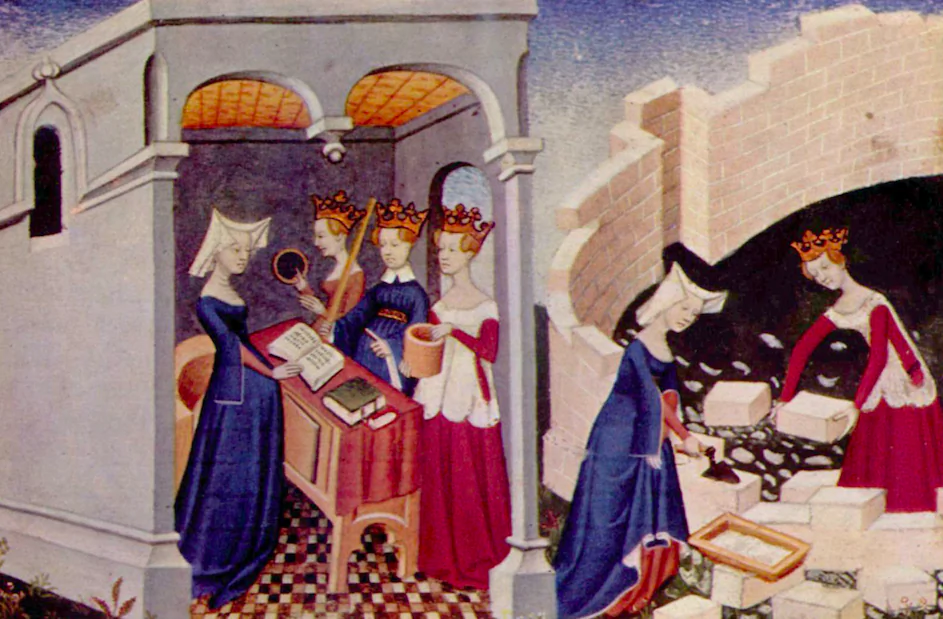 Illumination from "The Book of the City of Ladies." Christine de Pizan is shown before the personifications of Rectitude, Reason, and Justice in her study. (Public domain)