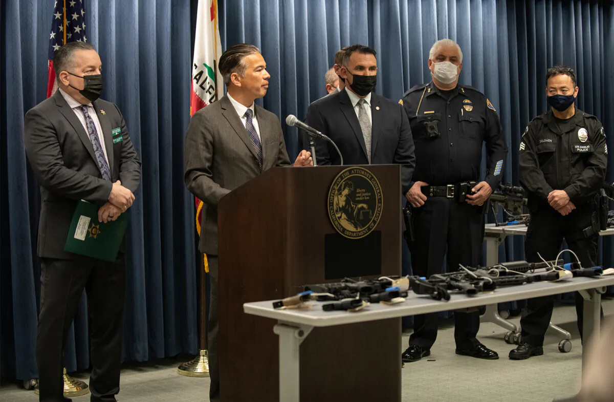 California Attorney General Rob Bonta discusses the seizure of 114 guns during a five-day sweep across the Los Angeles area during a news conference held at the California Department of Justice's Office in Los Angeles on Feb. 22, 2022. (Eric Licas/The Orange County Register via AP)