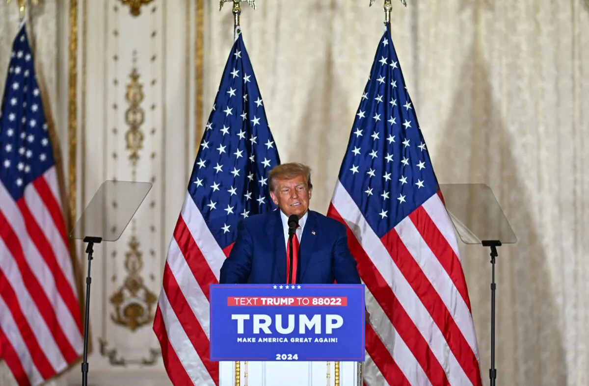 Former President Donald Trump speaks during a press conference at his Mar-a-Lago estate in Palm Beach, Fla., on April 4, 2023. (Chandan Khanna/AFP via Getty Images)