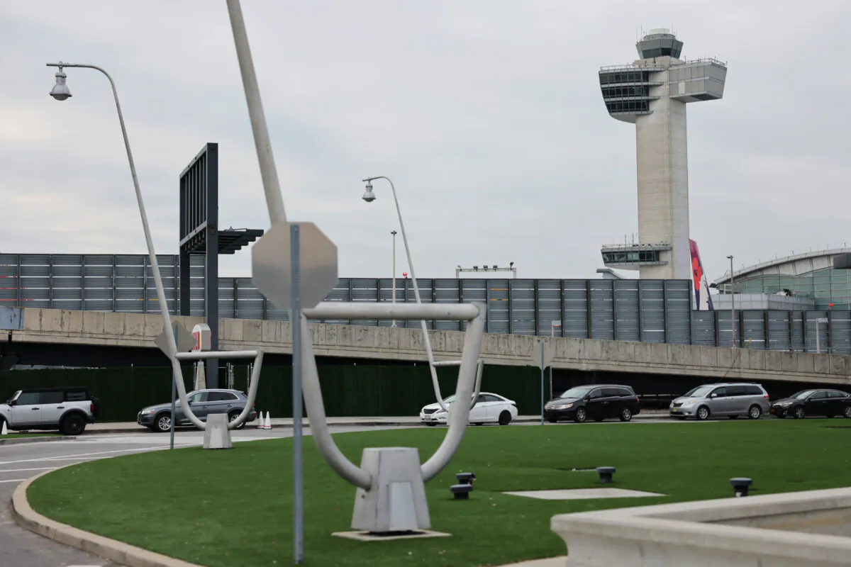 An air traffic control tower at JFK airport in New York on Jan. 11, 2023. (Michael M. Santiago/Getty Images)