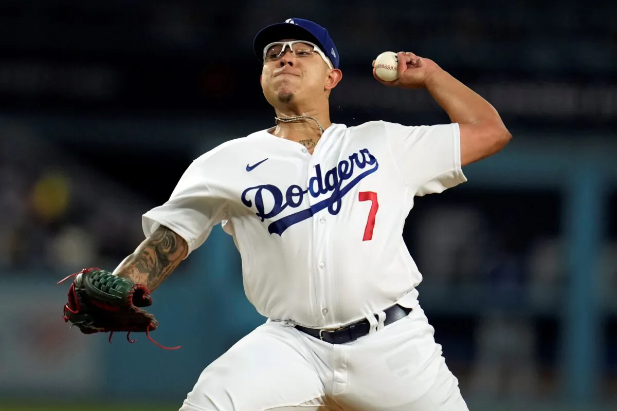Los Angeles Dodgers starting pitcher Julio Urias throws to a Colorado Rockies batter during the second inning of a baseball game in Los Angeles. on April 4, 2023. (Marcio Jose Sanchez/AP Photo)