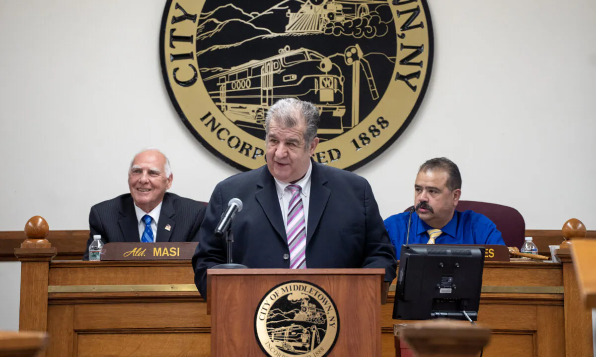 Mayor Joseph DeStefano speaks during his State of the City address at city hall in Middletown, N.Y., on April 4, 2023. (Cara Ding/The Epoch Times)