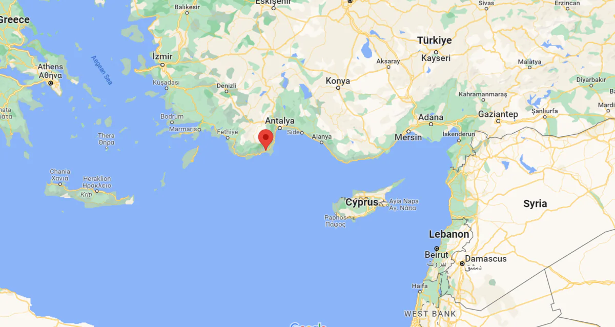 A map shows the location of Kumluca, in Antalya Province, Turkey, on April 5, 2023. (Google Maps)