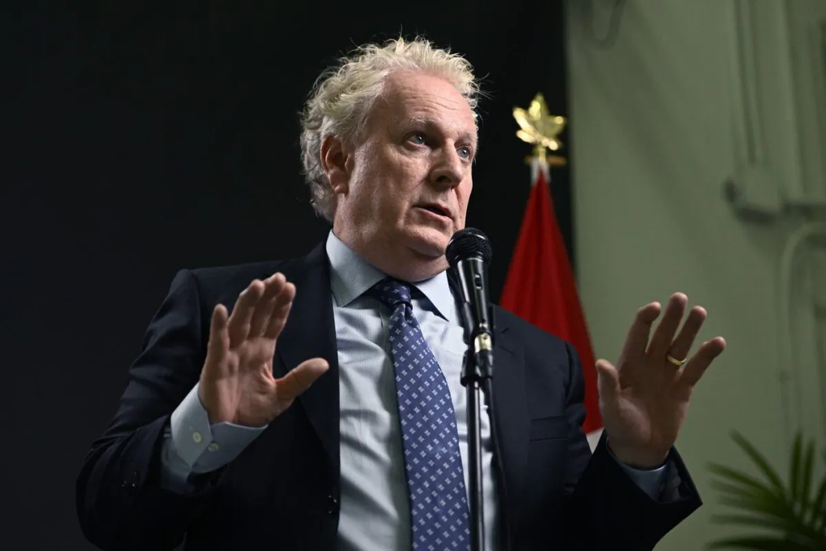 Conservative leadership candidate Jean Charest answers questions from reporters after the third debate of the 2022 Conservative Party of Canada leadership race, in Ottawa, on Aug. 3, 2022. (The Canadian Press/Justin Tang)