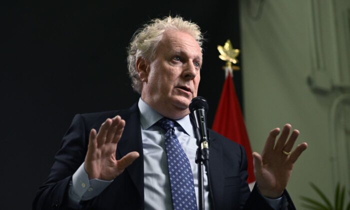 Conservative leadership candidate Jean Charest answers questions from reporters after the third debate of the 2022 Conservative Party of Canada leadership race, in Ottawa, on Aug. 3, 2022. (The Canadian Press/Justin Tang)
