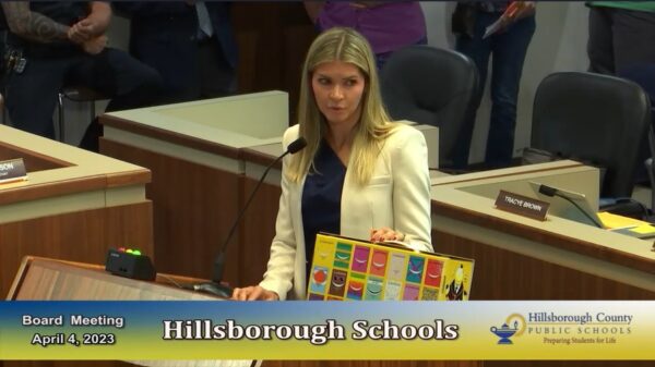 Kelly Carling, a Mom's for Liberty member who works with the County Citizens Defending Freedom, shares her thoughts about a graphic book series with the Hillsborough County School Board on April; 4, 2023.