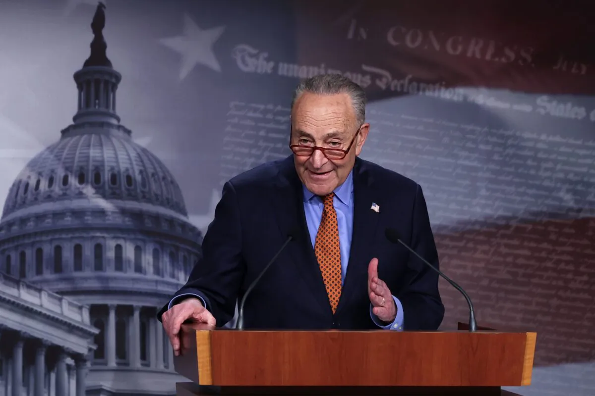 Senate Majority Leader Sen. Chuck Schumer (D-N.Y.) speaks during a news conference at the U.S. Capitol in Washington on March 30, 2023. (Alex Wong/Getty Images)