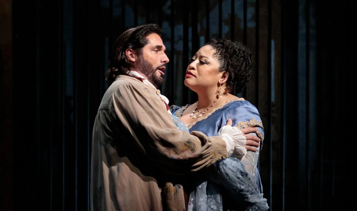 Tenor Marcelo Puente plays Cavaradossi and soprano Michelle Bradley plays Tosca in San Diego Opera’s 2023 production of “Tosca.” (Courtesy of Karli Cadel)