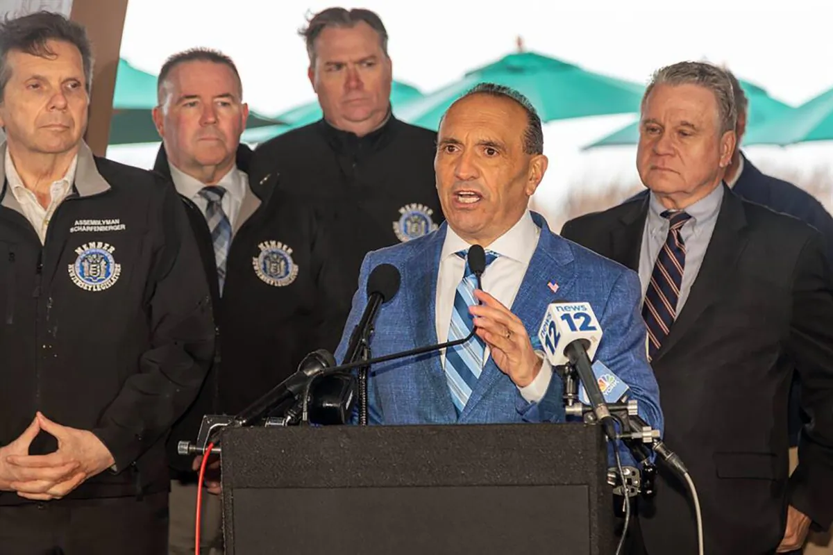 Monmouth County, N.J., Commissioner Director Thomas Arnone, called for state and federal investigations into the deaths of marine mammals along the New Jersey coast during an April 5, 2023, press conference at Seven Presidents Park in New Jersey. (Courtesy of Monmouth County Government)