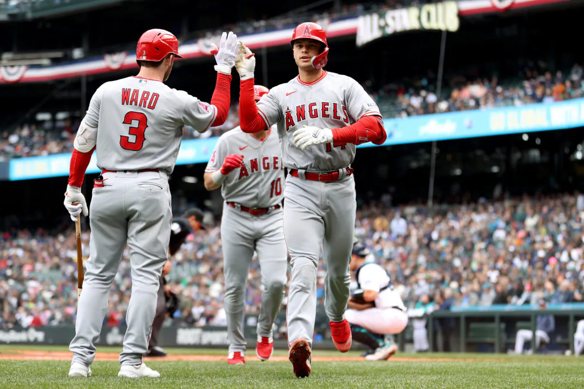 Logan O'Hoppe (14) of the Los Angeles Angels hits a two run home run during the second inning at T-Mobile Park in Seattle on April 5, 2023. (Steph Chambers/Getty Images)