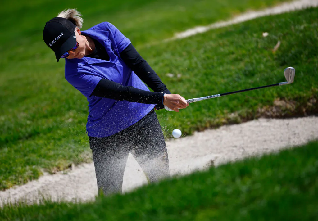 Sarah Kemp of Australia plays a shot from a bunker on the tenth hole during the second round of the DIO Implant LA Open at Palos Verdes Golf Club in Palo Verdes Estates, California on March 31, 2023. (Ronald Martinez/Getty Images)