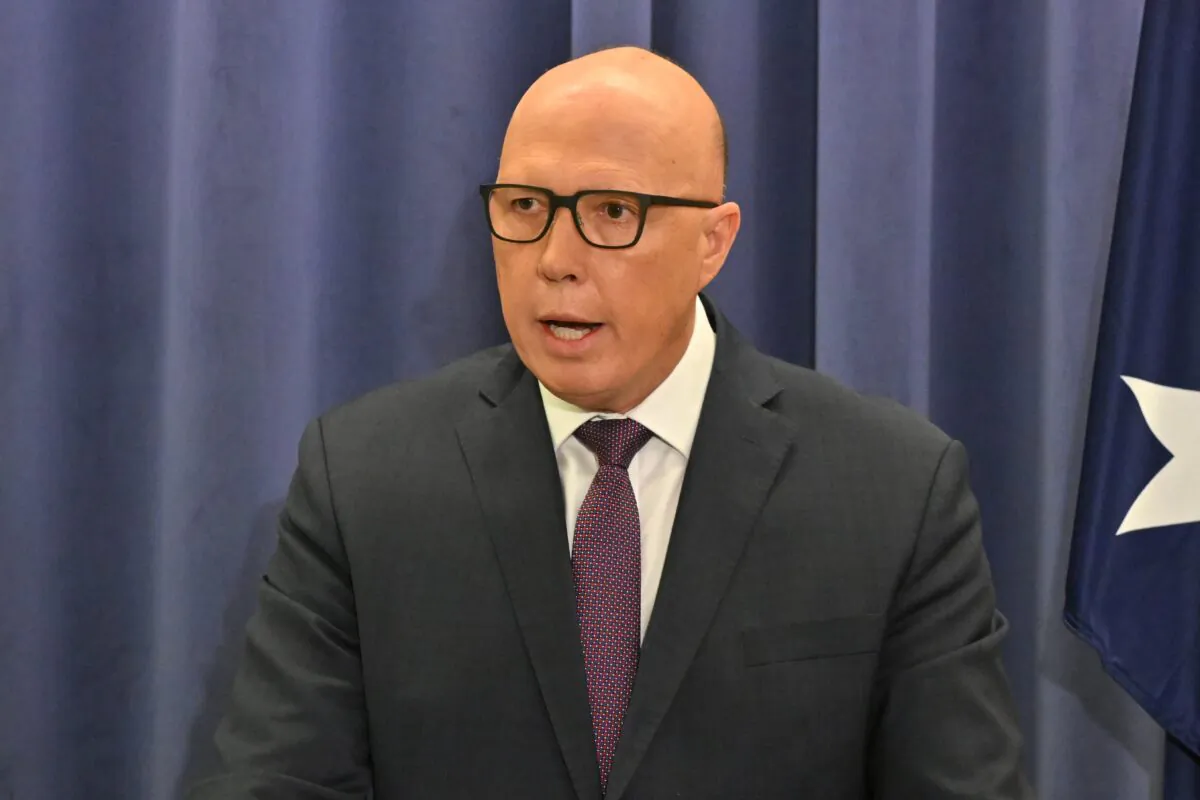 Leader of the Opposition Peter Dutton at a press conference at Parliament House in Canberra, Australia, on April 5, 2023. (AAP Image/Mick Tsikas)
