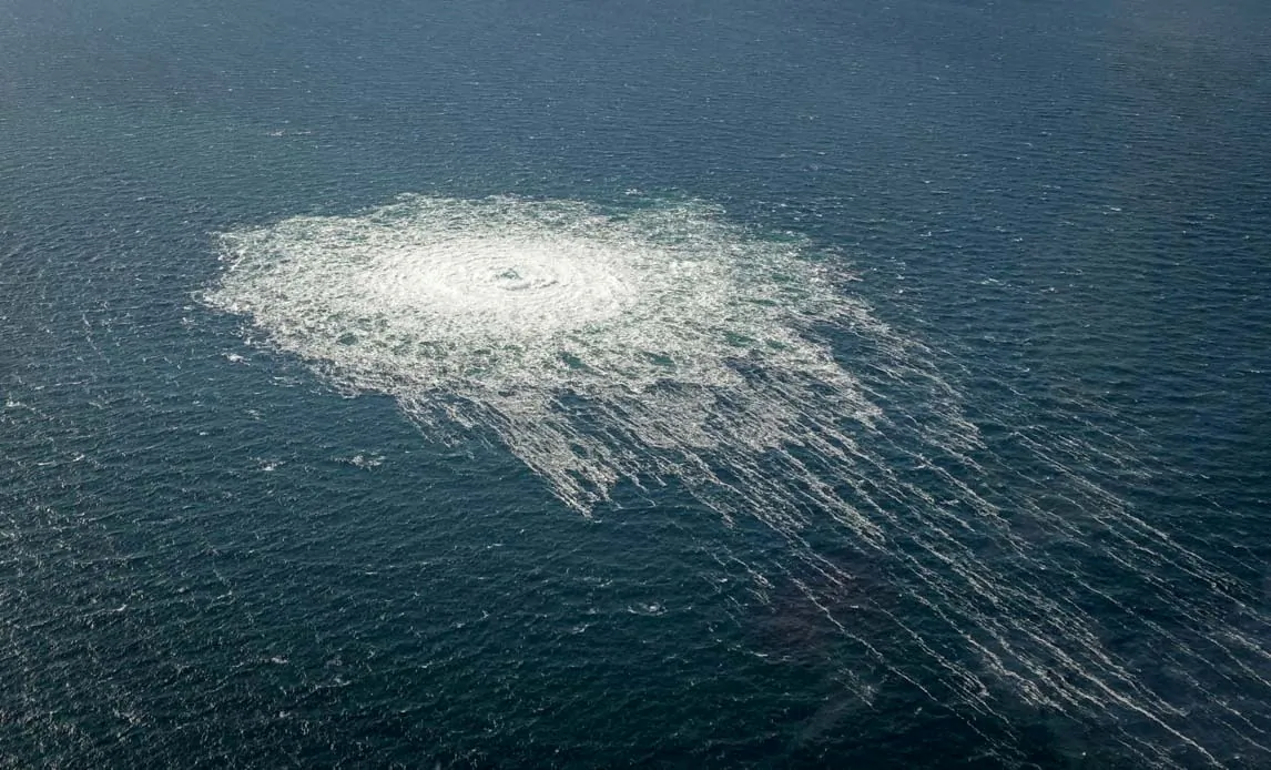 Gas bubbles from the Nord Stream 2 leak reaching surface of the Baltic Sea in the area shows a disturbance of well over one kilometre in diameter near Bornholm, Denmark, on Sept. 27, 2022. (Danish Defence Command/Handout via Reuters)