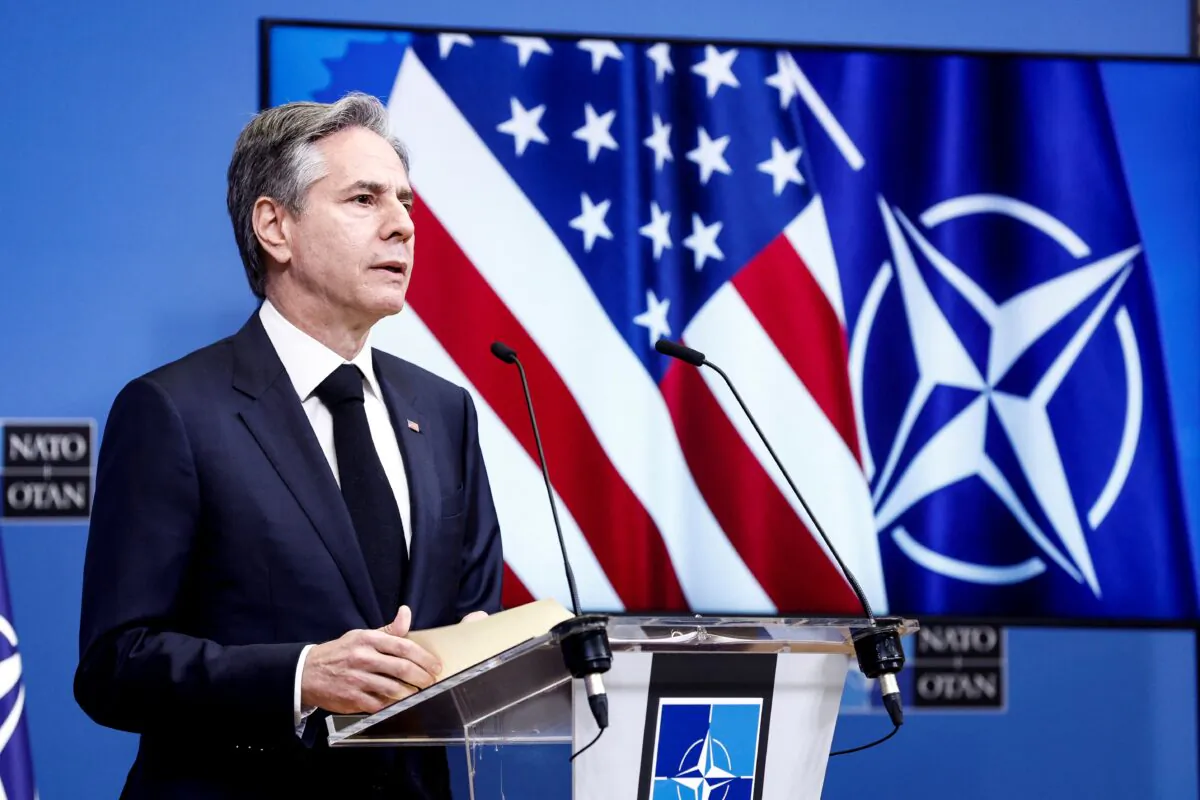 Secretary of State Antony Blinken holds a press conference after a Foreign Ministers meeting at the North Atlantic Treaty Organisation headquarters in Brussels, on April 5, 2023. (Kenzo Tribouillard/AFP via Getty Images)