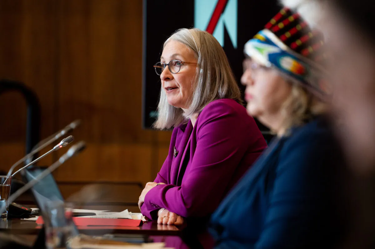 Minister of Indigenous Services Patty Hajdu speaks at a press conference on a revised final settlement agreement to compensate First Nations children and families, in Ottawa on April 5, 2023. (The Canadian Press/Spencer Colby)