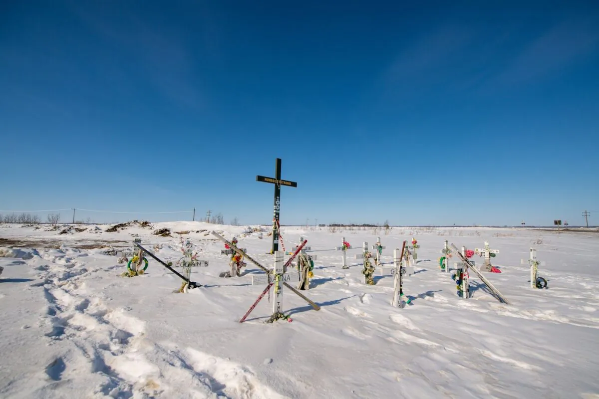 A memorial on the roadside where the deadly Humboldt Broncos bus crash took place is shown on Highway 35 near Armley, Sask., on March 18, 2023. (The Canadian Press/Liam Richards)