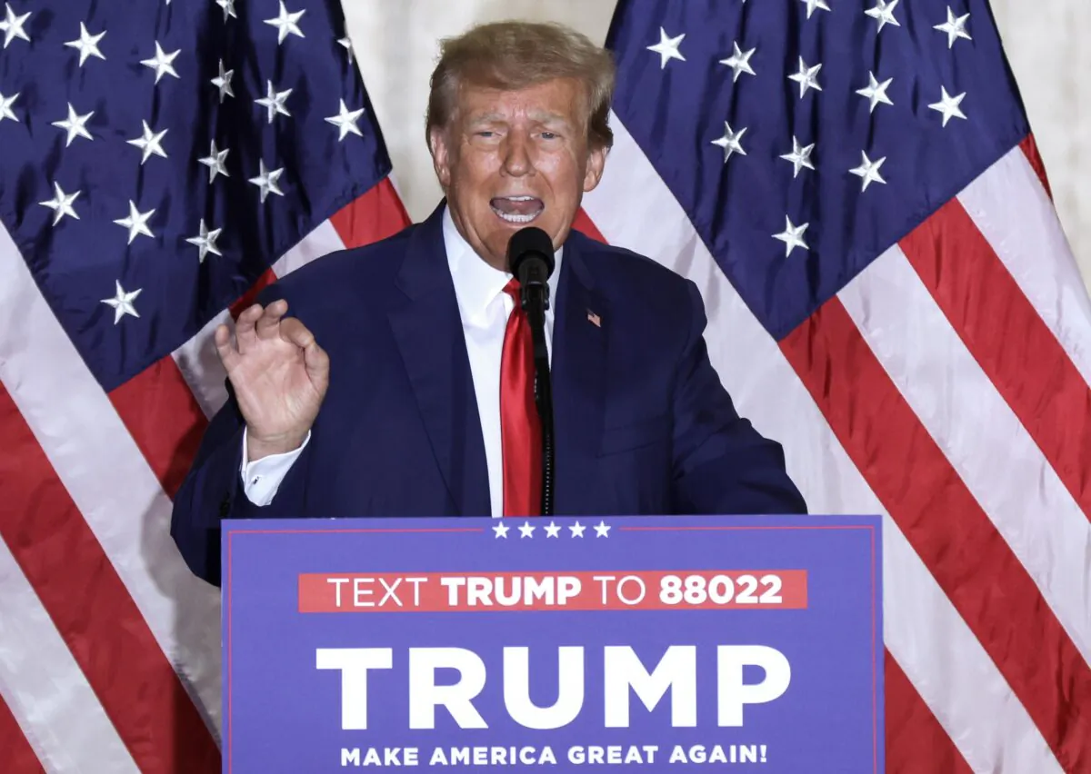 WEST PALM BEACH, FLORIDA - APRIL 04: Former U.S. President Donald Trump speaks during an event at Mar-a-Lago April 4, 2023 in West Palm Beach, Florida. Earlier in the day, Trump pleaded not guilty to 34 felony counts stemming from hush money payments in 2016 to two women, becoming the first former U.S. president in history to be charged with a criminal offense. (Photo by Alex Wong/Getty Images)