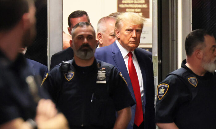 Former President Donald Trump arrives for an arraignment hearing at NYS Supreme Court, in New York, on April 4, 2023. (Michael M. Santiago/Getty Images)