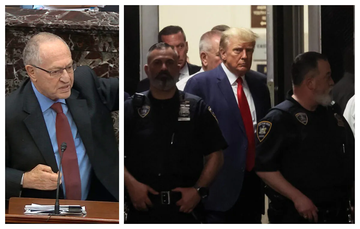 (Left) Alan Dershowitz in the Senate at the U.S. Capitol, on Jan. 29, 2020. (Right) Donald Trump at Manhattan Criminal Court in New York City, on April 4, 2023. (Senate Television via AP; Michael M. Santiago/Getty Images)
