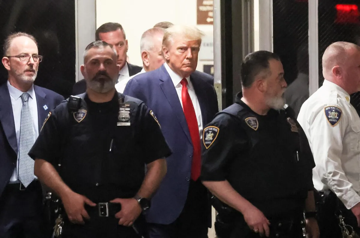 Former U.S. President Donald Trump arrives at Manhattan Criminal Courthouse, after his indictment by a Manhattan grand jury, on April 4, 2023. (Brendan McDermid/Reuters)