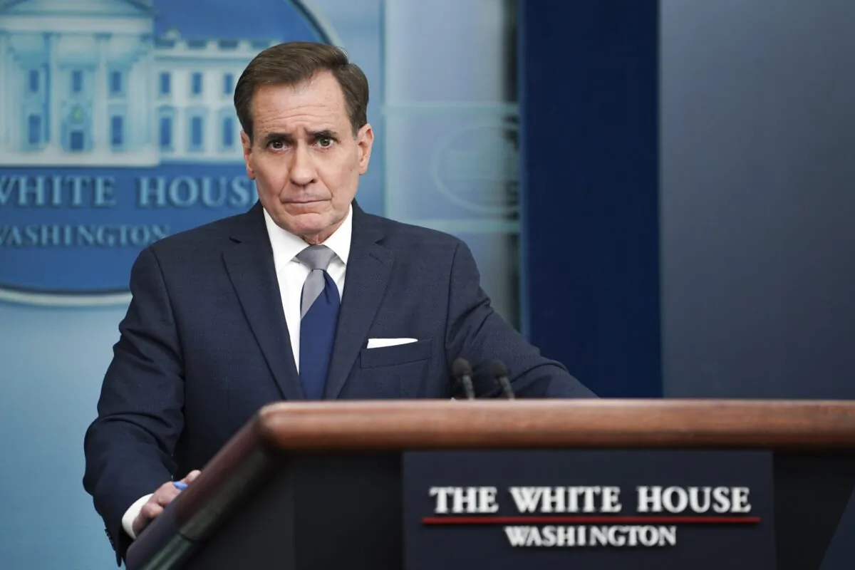 National Security Council Coordinator for Strategic Communications John Kirby speaks during the press briefing at the White House in Washington on March 29, 2023. (Madalina Vasiliu/The Epoch Times)