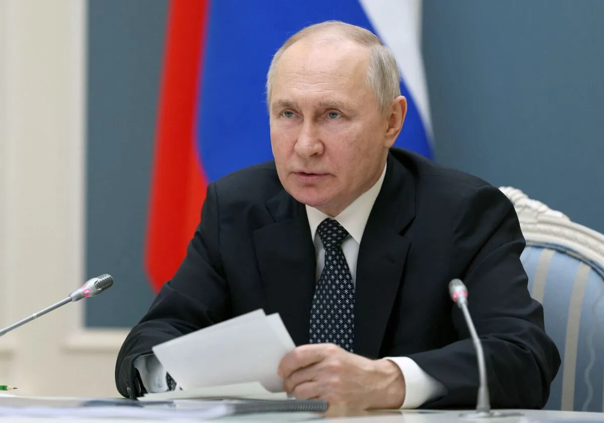 Russian President Vladimir Putin chairs a Security Council meeting via a video link in Moscow on April 5, 2023. (Gavriil Grigorov/ Sputnik/AFP via Getty Images)