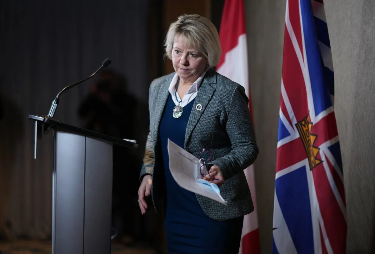 B.C. Provincial Health Officer Dr. Bonnie Henry steps away from the podium after speaking during a news conference in Vancouver, on Jan. 30, 2023. (The Canadian Press/Darryl Dyck)