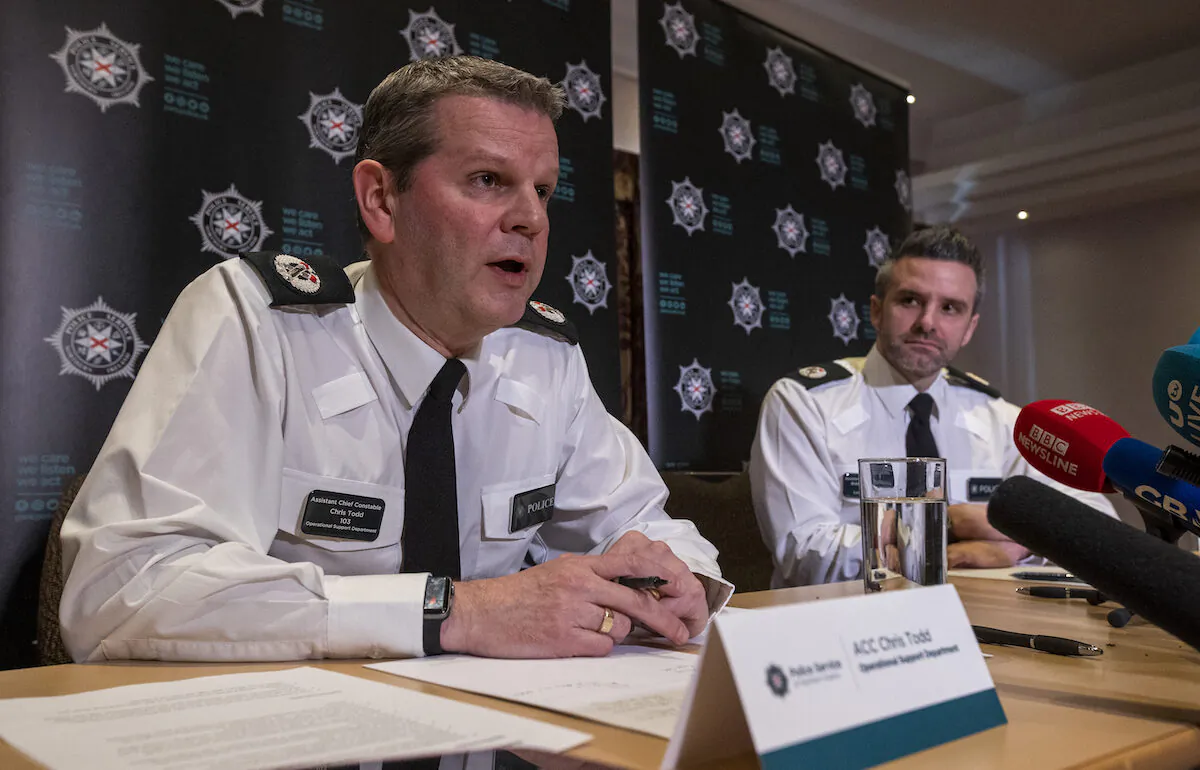 Police Service of Northern Ireland (PSNI) ACC Chris Todd (L) from the Operational Support Department and ACC Bobby Singleton from the Local Policing Department during a briefing at the Stormont Hotel in Belfast on April 6, 2023. Police have received strong community intelligence that dissident republicans are planning to launch terror attacks against officers on Easter Monday. (PA Media)