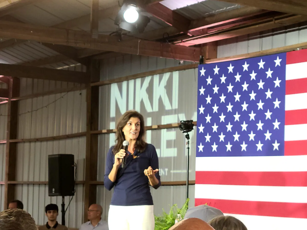 Nikki Haley delivers a campaign speech at The Grove on Augusta in Gilbert, S.C., on April 6, 2023. (Dan M. Berger/The Epoch Times.)