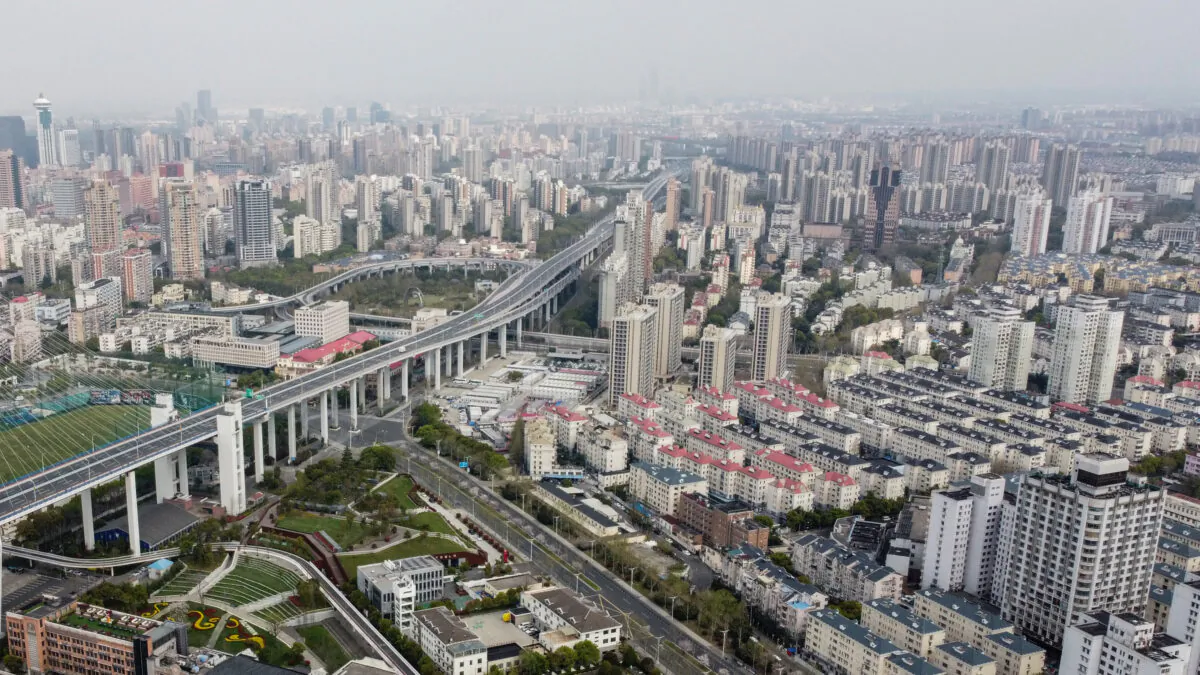 An aerial view shows Pudong area in Shanghai during the COVID-19 lockdown on March 30, 2022. (Hector Retamal/AFP via Getty Images)