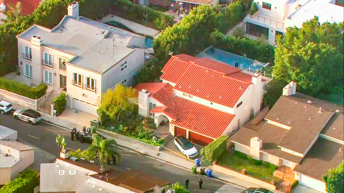 The Hollywood Hills home (C) where New York rapper Pop Smoke was shot and killed in Los Angeles on Feb. 19, 2020. (Fox11 News KTTV-TV via AP)