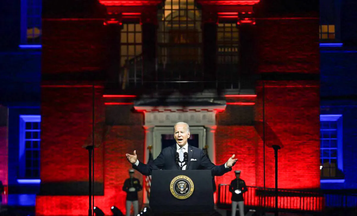 President Joe Biden speaks outside of Independence National Historical Park in Philadelphia, Pa., on Sept. 1, 2022. (Jim Watson/AFP via Getty Images)