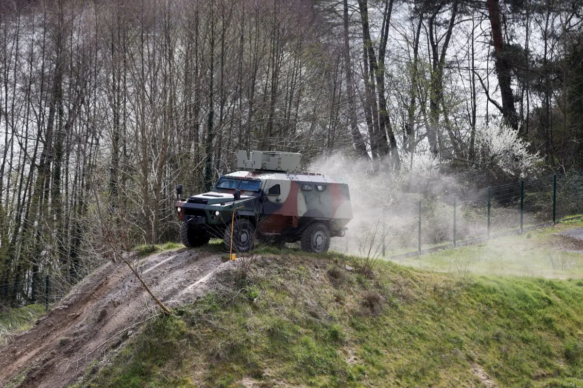 A Bastion 4x4 armored personnel carrier vehicle is on the test track at the Arquus military vehicle production plant, a unit of Volvo AB, in Limoges, France, on April 6, 2023. (Benoit Tessier/Reuters)