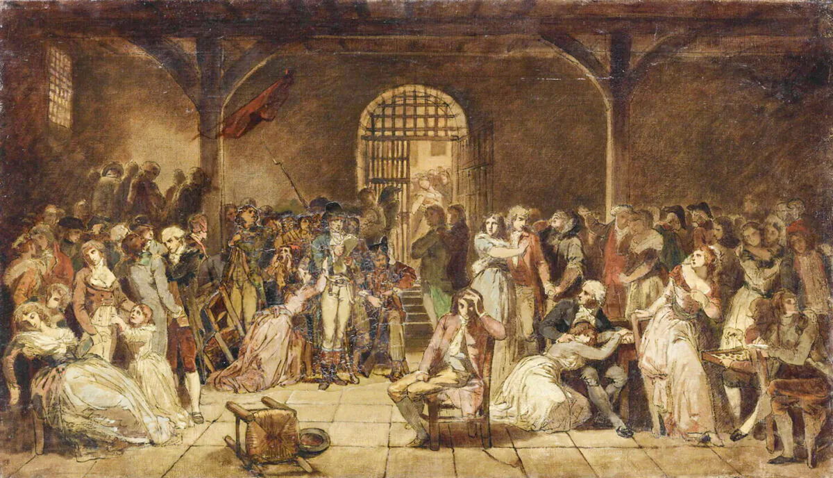 Chénier seated at the foreground's center of painting "Appeal of the Last Victims of the Terror," 1850, by Charles Louis Müller. Louvre Museum, Paris. (Public Domain)
