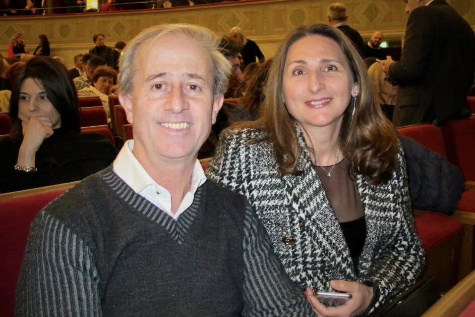 Daniel Panaiotti and Luba Dergunova attended Shen Yun Performing Arts at the Teatro Donizetti on April 5, 2023. (Mary Mann/The Epoch Times)