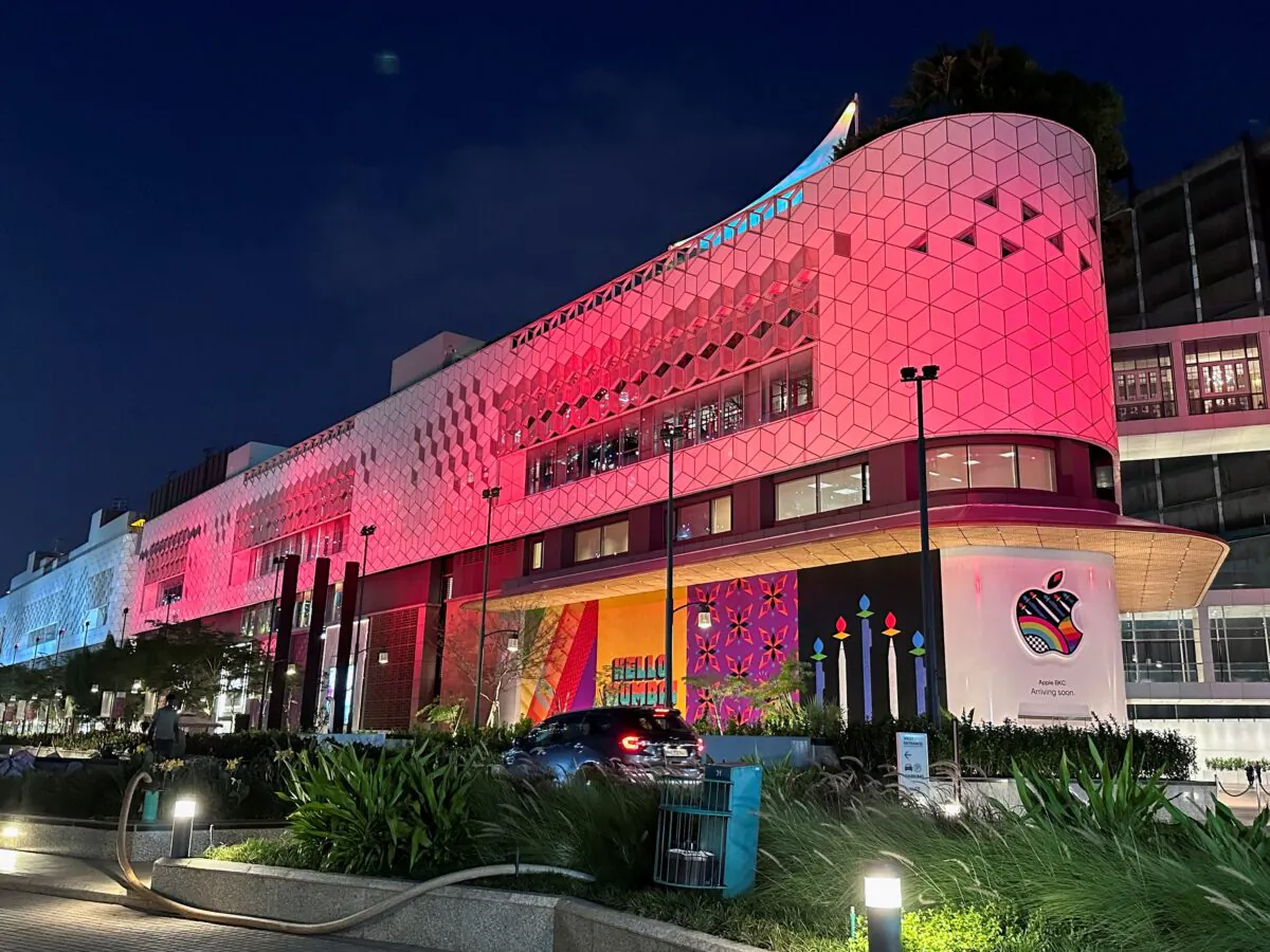 A general view of the barricade of India's first Apple retail store, that will be launched soon, at Jio World Drive Mall, in Mumbai, India, on April 5, 2023. (Francis Mascarenhas/Reuters)