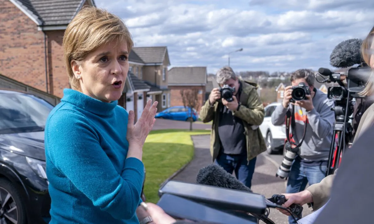 Former leader of the Scottish National Party (SNP) Nicola Sturgeon speaking to the media outside her home in Uddingston, Glasgow, Scotland, on April 8, 2023. (Jane Barlow/PA)