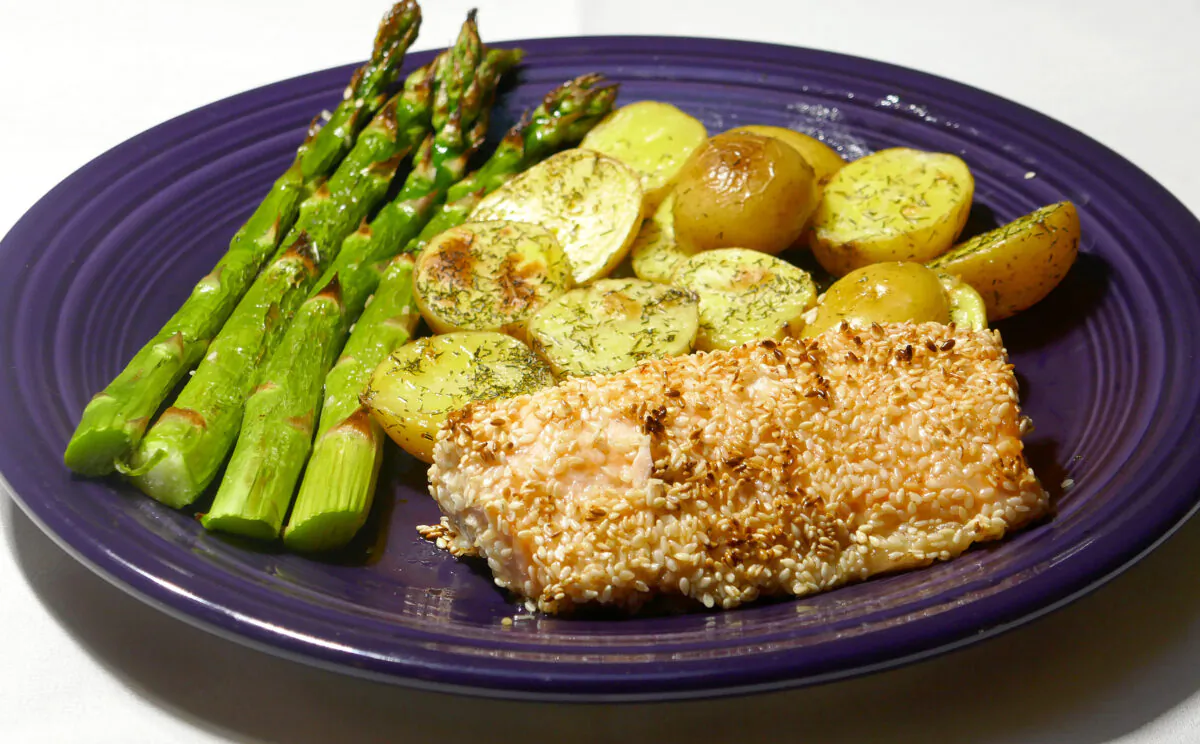 Sheet-Pan Sesame Salmon with Asparagus and New Potatoes. (Linda Gassenheimer/TNS)