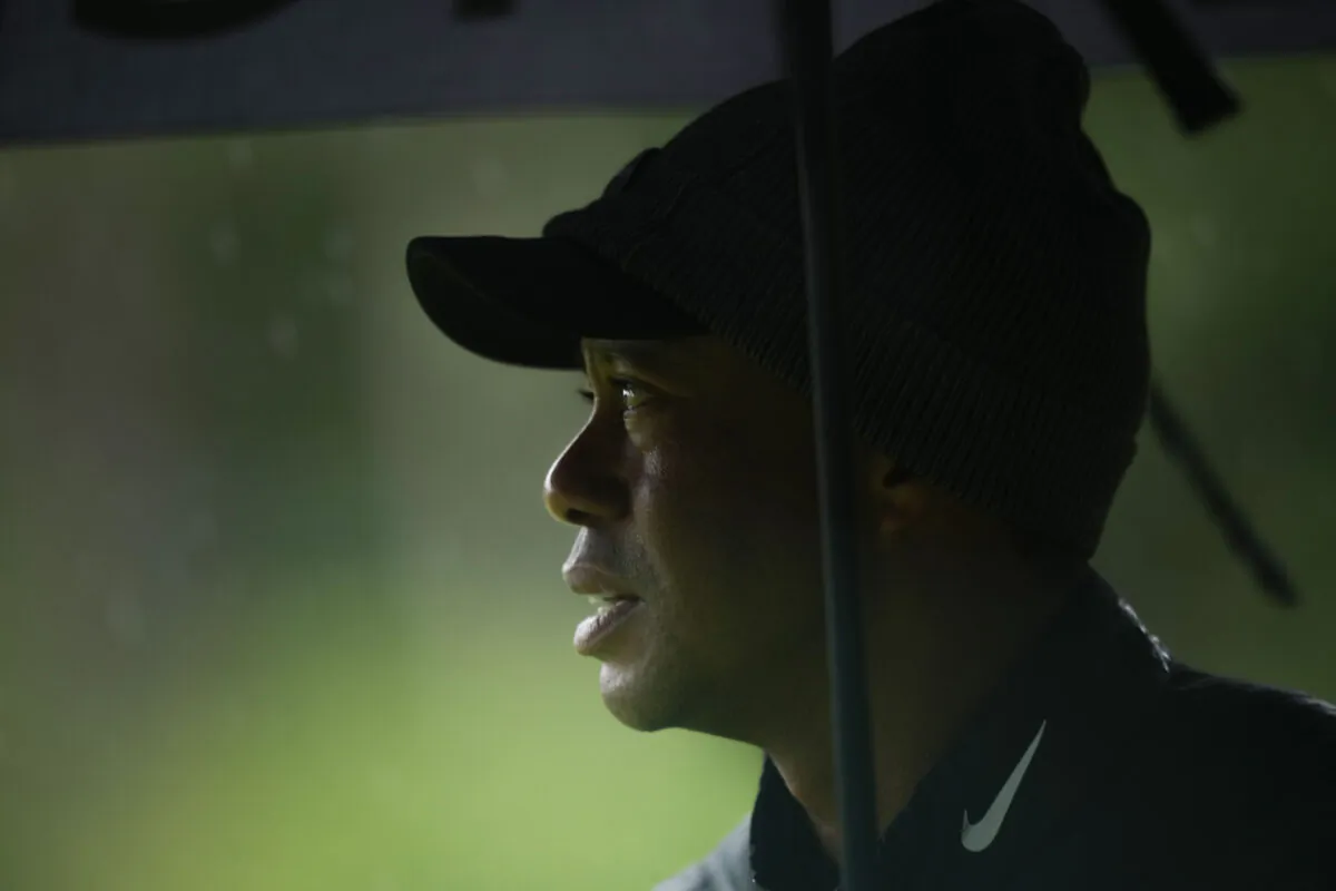 Tiger Woods watches on the 13th hole during the weather delayed third round of the Masters golf tournament at Augusta National Golf Club in Augusta, Ga., on April 8, 2023. (AP Photo/Matt Slocum)