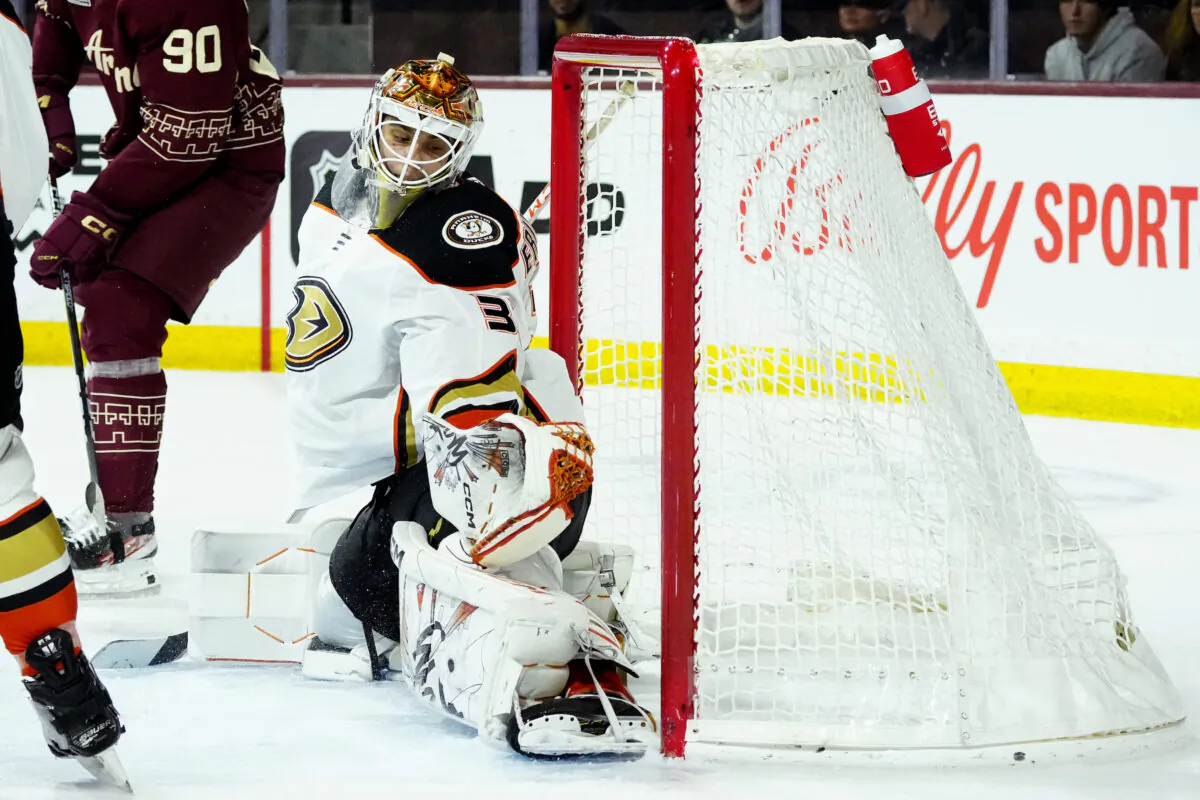 Anaheim Ducks goaltender Olle Eriksson Ek gives up a goal to Arizona Coyotes' Christian Fischer (not shown) during the first period of an NHL hockey game in Tempe, Ariz., on April 8, 2023. (Ross D. Franklin/AP Photo)