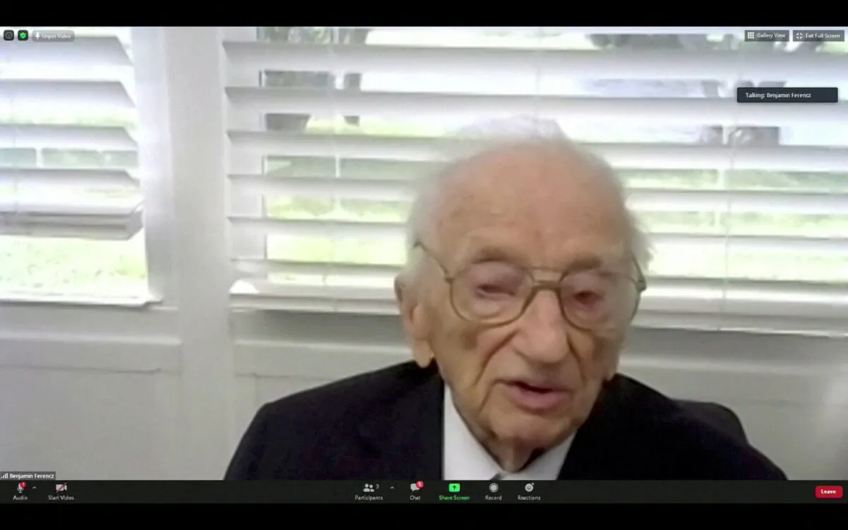 Benjamin Ferencz, former chief prosecutor in the Nuremberg trials, speaks during a video interview from his home in Delray Beach, Fla., on Nov. 18, 2020, in a still image obtained from a video. (Reuters TV via Reuters)