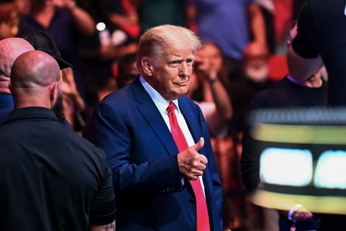 Former President Donald Trump attends the Ultimate Fighting Championship (UFC) 287 mixed martial arts event at the Kaseya Center in Miami on April 8, 2023. (Chandan Khanna/AFP via Getty Images)
