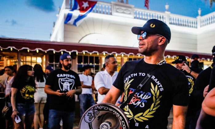 Henry "Enrique" Tarrio, leader of The Proud Boys, attends a protest showing support for Cubans demonstrating against their government, in Miami, Florida on July 16, 2021. (EVA MARIE UZCATEGUI/AFP via Getty Images)