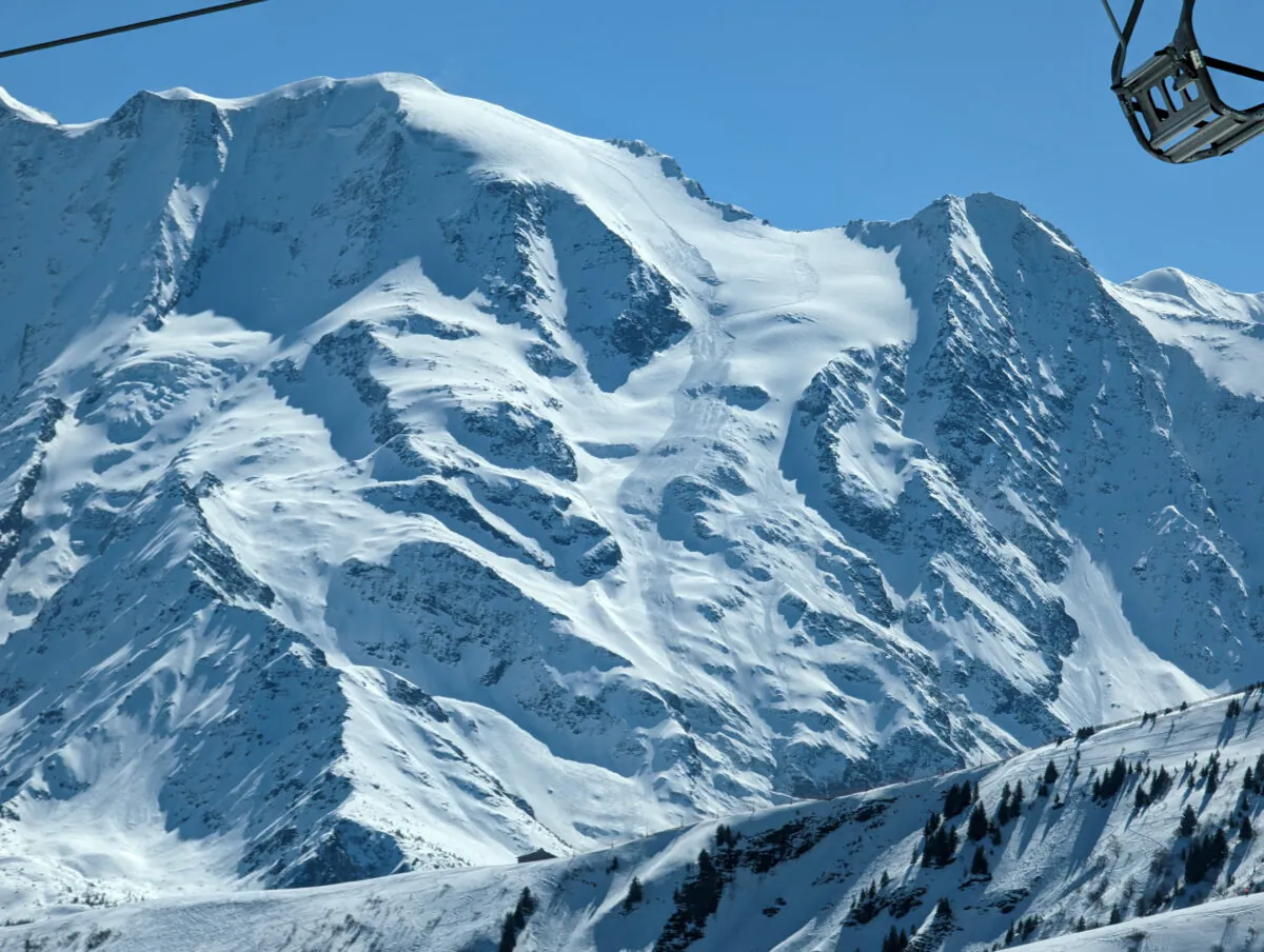 The aftermath of an avalanche near the Armancette glacier in the French Alps, as seen from Mont Joux, France, on April 9, 2023. (Twitter @jpclement38 via Reuters)