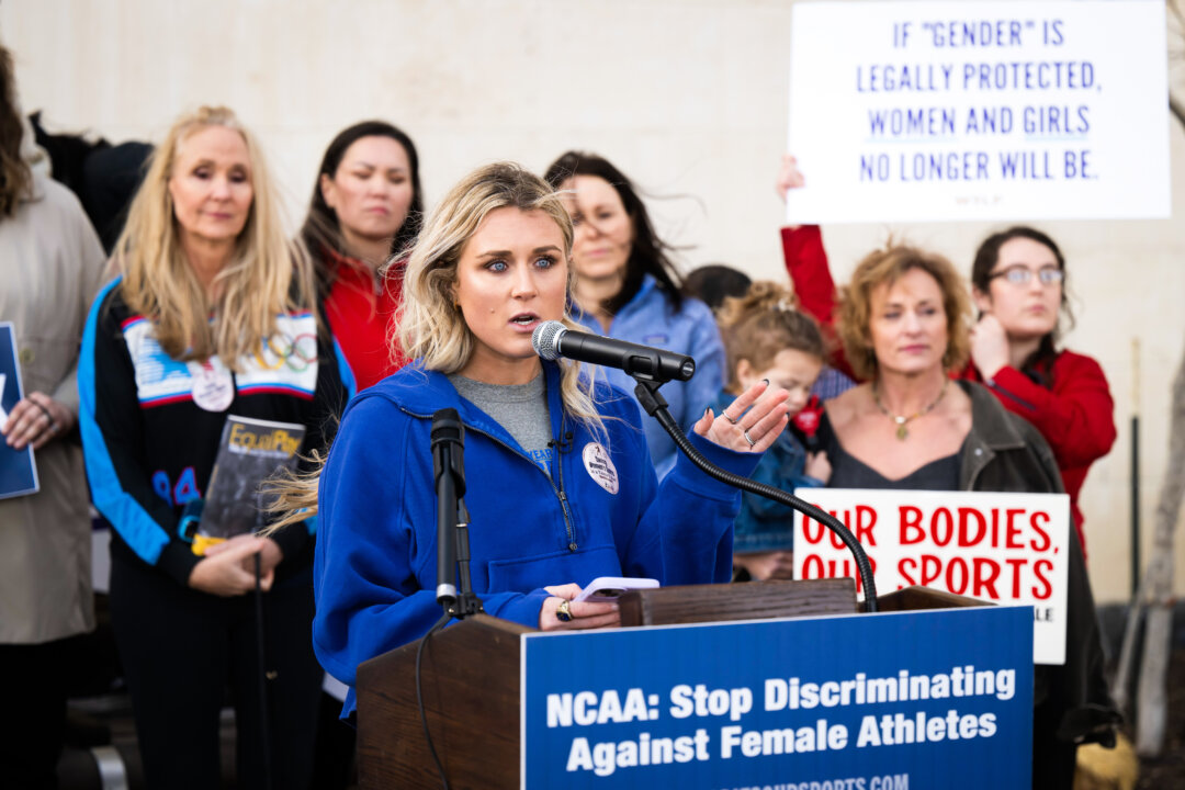 Former University of Kentucky swimmer Riley Gaines speaks at a rally outside of the NCAA Convention in San Antonio on Jan. 12, 2023. (Darren Abate/AP Photo)