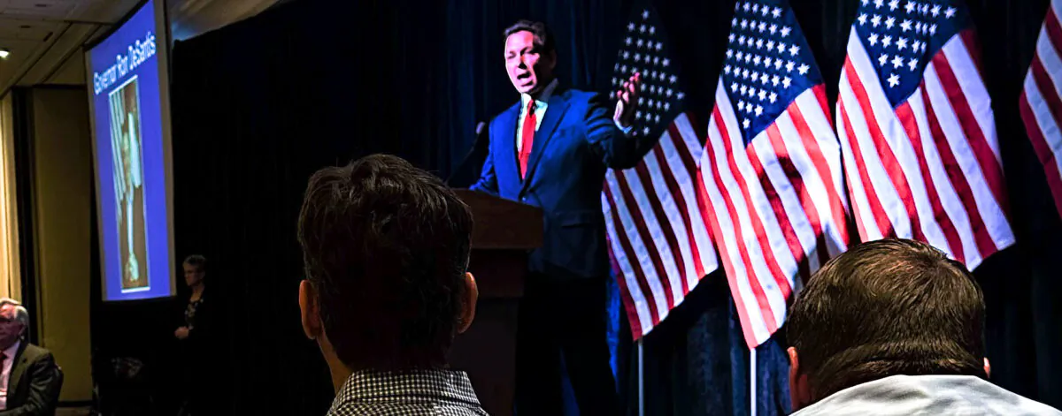 Florida Gov. Ron DeSantis speaks in Midland, Mich., on April 6, 2023. (Courtesy of Greg Alexander)