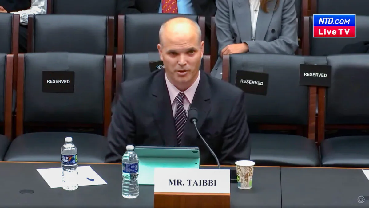 Journalist Matt Taibbi testifies at the Select Subcommittee on the Weaponization of the Federal Government hearing on the "Twitter Files" in Washington on March 9, 2023. (House Judiciary Committee/Screenshot via NTD)