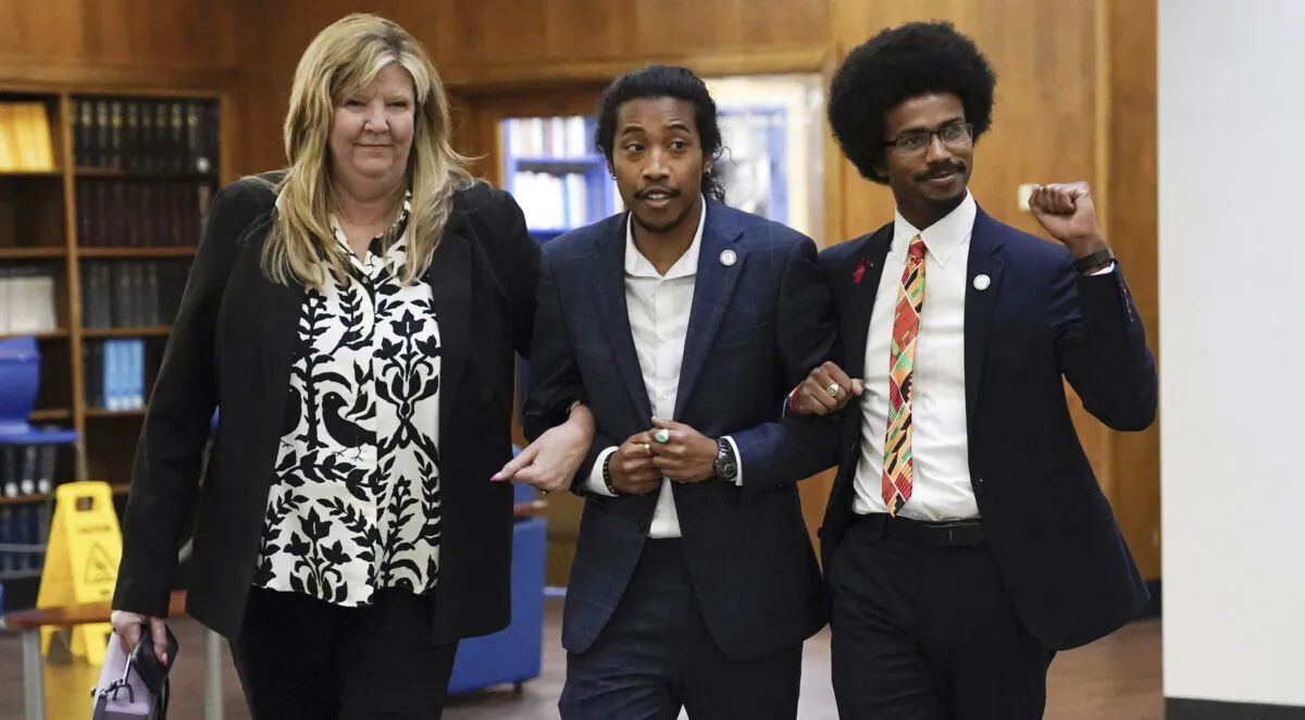 (L–R) State Reps. Gloria Johnson, Justin Jones, and Justin Pearson arrive at Fisk University in Nashville, Tenn., on April 7, 2023. (Andrew Nelles/The Tennessean via AP)