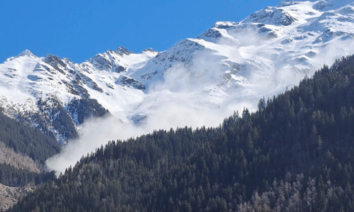 An avalanche in the French Alps, in Les Contamines-Montjoie, France, on April 9, 2023, in this still image obtained from a social media video. (Domaine Skiable des Contamines-Montjoie SECMH/Twitter @domaineskiable via Reuters)