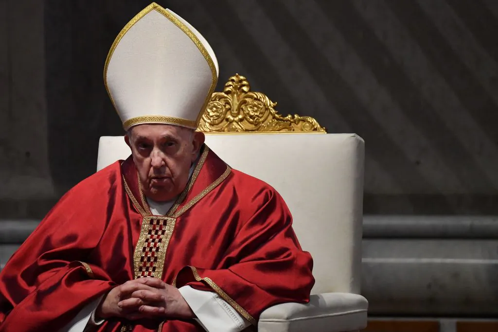 Pope Francis presides over the Passion of the Lord mass on Good Friday at St. Peter's basilica in The Vatican, on April 7, 2023, as part of celebrations of the Holy Week. (Tiziana Fabi/AFP via Getty Images)